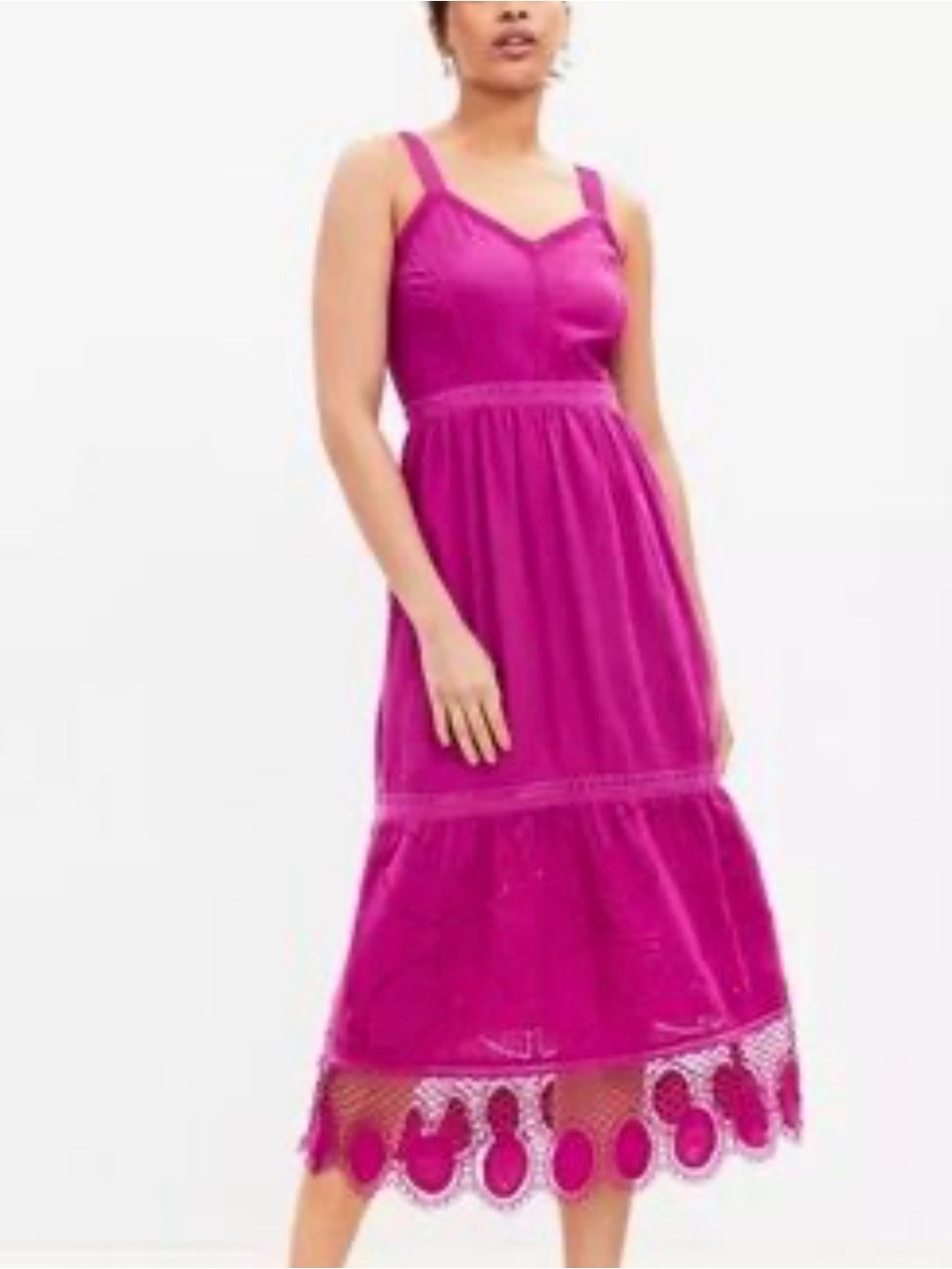LOFT Fuchsia Sleeveless Midi Dress with Lace Trim